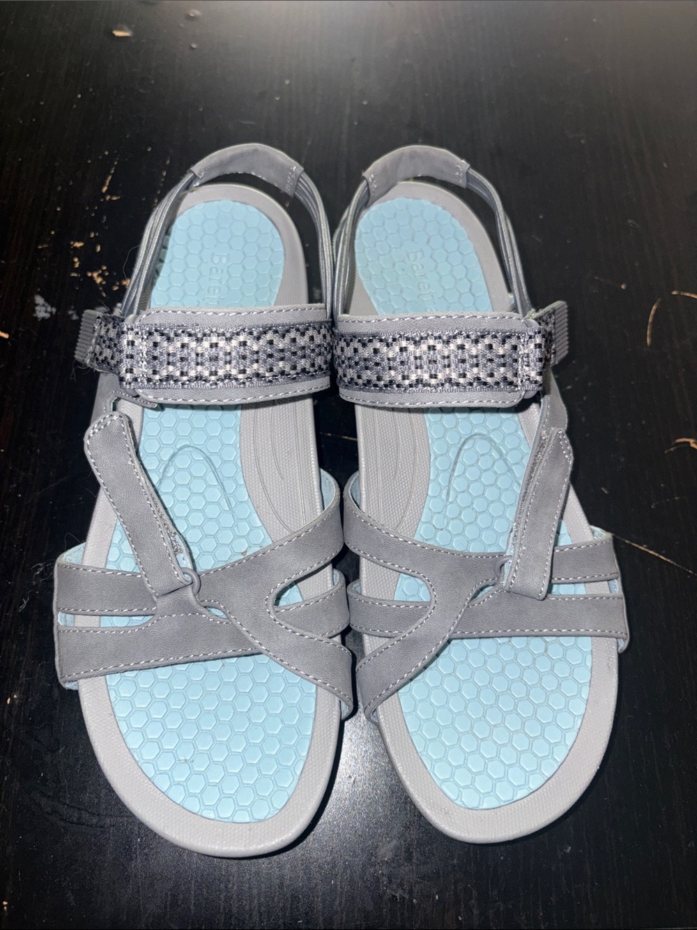 BareTraps Women's Grey Strappy Sandals with Light Blue Footbed